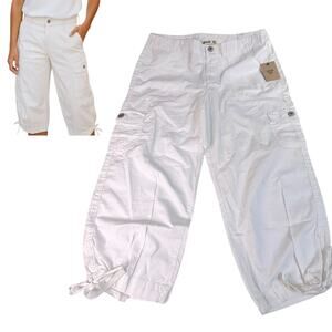 NEW Jeanstar White CAPRI DENIM PANT Women's 12 Cargo Style Jean Pockets Tie Hem